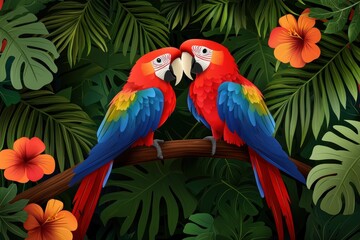 Fototapeta premium Stunning jungle scenery with parrots resting on tropical branches, surrounded by lush greenery and bright exotic flowers