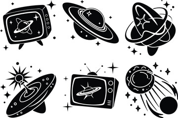 Retro Space Icons: Black and White Vector Set of Planets, UFOs, and Vintage TVs for Graphic Design and Sci-Fi Projects