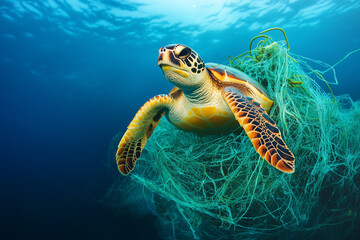 A lone sea turtle navigating a sea of plastic debris, its flippers caught in drifting fishing nets