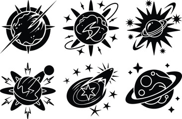 Black and White Space Icon Set: Planets, Stars, Comets, and Cosmic Elements in Retro Style for Graphic Design Projects