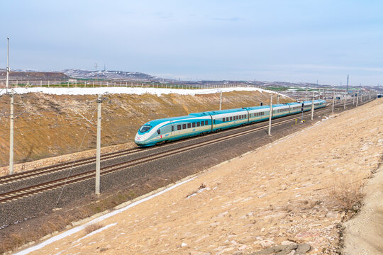 Polatli, Ankara, Turkey - January 12 2019: High speed train of TCDD on the way goes to Istanbul from Ankara