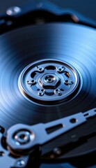 Close-Up of Hard Drive Mechanism with Reflective Surface and Lights