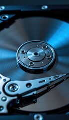 Close-Up of Hard Drive Mechanism with Reflective Surface and Lights