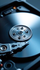 Close-Up of Hard Drive Mechanism with Reflective Surface and Lights