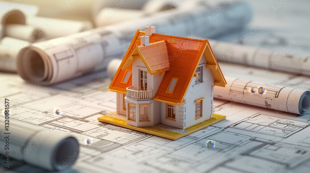 Wall mural 3d rendering project of new building model house on blueprint plan