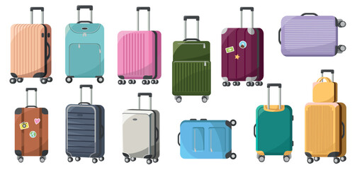 Various suitcase and bag designs in different colors and styles, displayed on a white background. Travel and luggage concept. Vector illustration