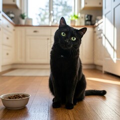 Black cat begging for food in a bright kitchen. Focused green eyes, tilted head, warm light. AI-generated, fictional. For pet, animal, and humor themes