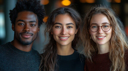 Fototapeta premium Diverse Multiracial Team in Office, Smiling Confident Individuals, Symbolizing Positivity and Unity