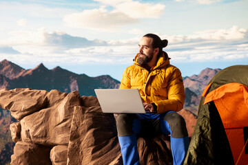Young entrepreneur always connected to internet to do some tasks, workaholic person enjoying high speed strong signal and technology dependency. Adventurer with a web addiction.
