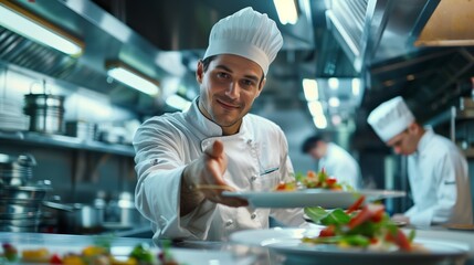 Chef cooks and presents a dish in the kitchen of a luxury restaurant