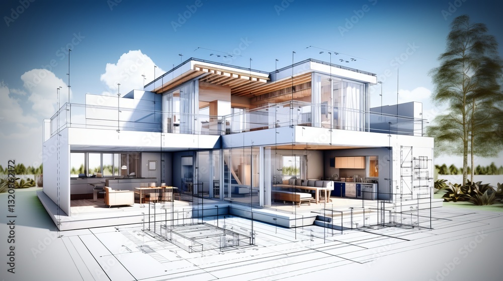 Wall mural vision of architecture of a 3d model house project with blueprint