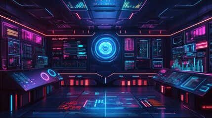 Futuristic Neon Control Room with Interactive Screens and Digital Displays