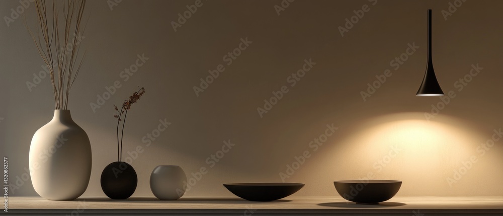 Poster A decorative table setting with three vases and a bowl