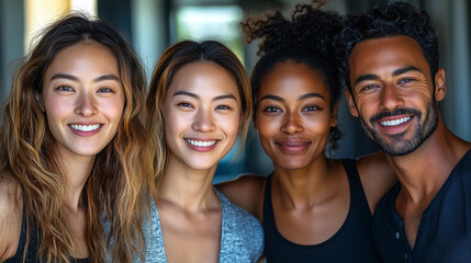 Fototapeta premium Diverse Multiracial Team in Office, Smiling Confident Individuals, Symbolizing Positivity and Unity