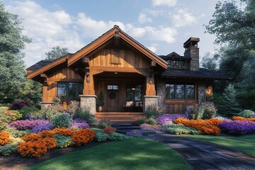 A Charming Rustic Mountain Home Nestled Amongst Vibrant Autumnal Flowers And Lush Greenery, Bathed In Warm Sunlight Showcasing Its Stunning Wood And Stone Architecture