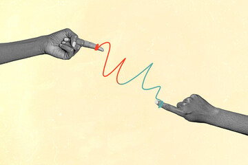 Contemporary art sketch banner collage of business people index fingers hold colorful ribbon solve...