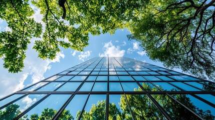 ESG sustainability is incorporated into the urban environment through the concept of corporate glass buildings surrounded by green trees, representing a sustainable corporate approach