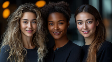 Obraz premium Diverse Multiracial Team in Office, Smiling Confident Individuals, Symbolizing Positivity and Unity