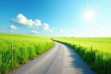 Fototapeta premium Asphalt road curving through vibrant green fields under a bright sunny sky, a picturesque summer landscape offering a sense of freedom and endless journey possibilities