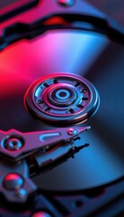 Close-Up of Hard Drive Mechanism with Reflective Surface and Lights