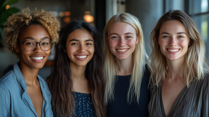 Obraz premium Diverse Multiracial Team in Office, Smiling Confident Individuals, Symbolizing Positivity and Unity
