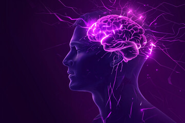 Epilepsy awareness concept. Side view of a purple human head and brain. Epilepsy or seizure disorder.