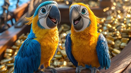 Colorful Parrots Cheerfully Perched on Treasure-Laden Ship Deck