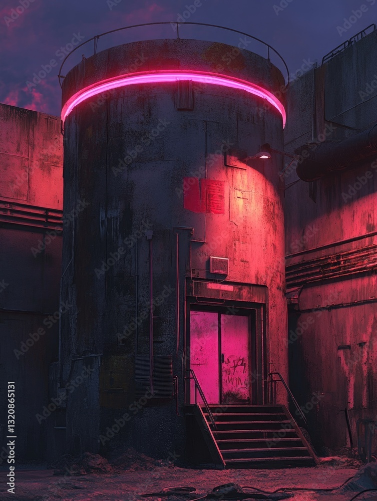 Poster a modern building with a neon sign and stairs, suitable for use in urban or cityscape contexts