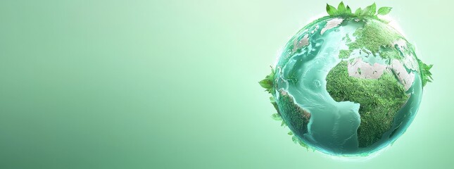 Preserving our green world is the focus, with a background that includes copy space, a world globe, and is designed for use as a wide web banner or stock, promoting earth and environment protection