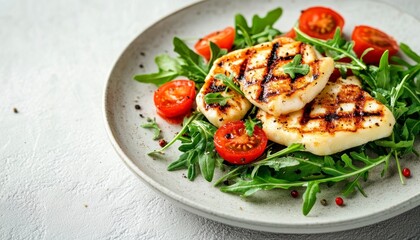 Grilled Halloumi Cheese with Arugula Salad and Tomatoes on Plate