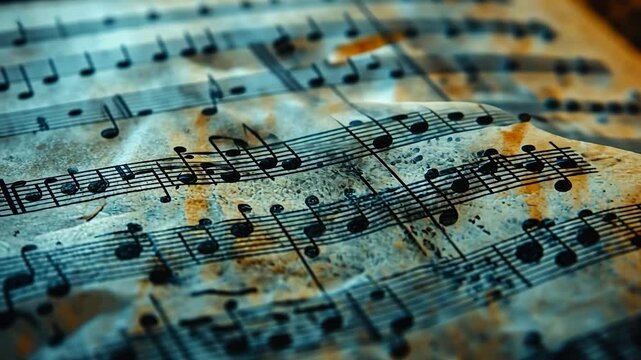 Close-up of crumpled sheet music with faded notes and texture details