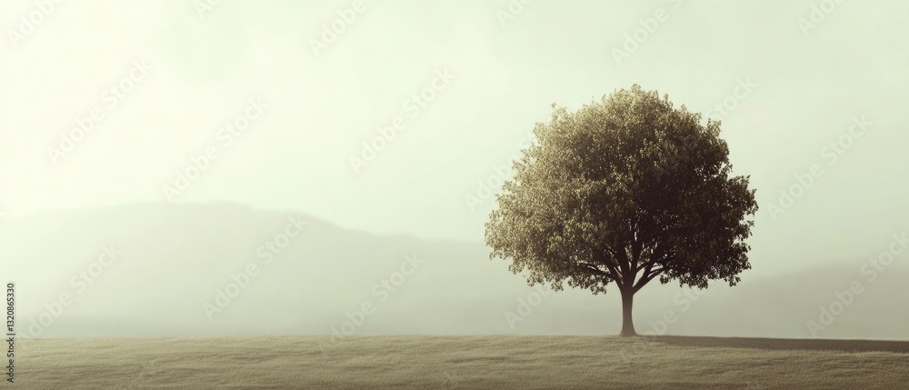 Poster a single tree standing tall in an open field with green grass and blue sky