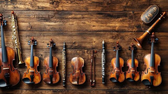 Collection of wooden musical instruments on a rustic wooden table