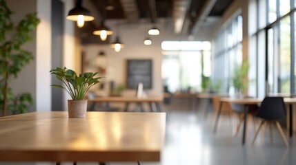 Fototapeta premium Modern Office Interior Design Plant on Wooden Table with Blurred Background