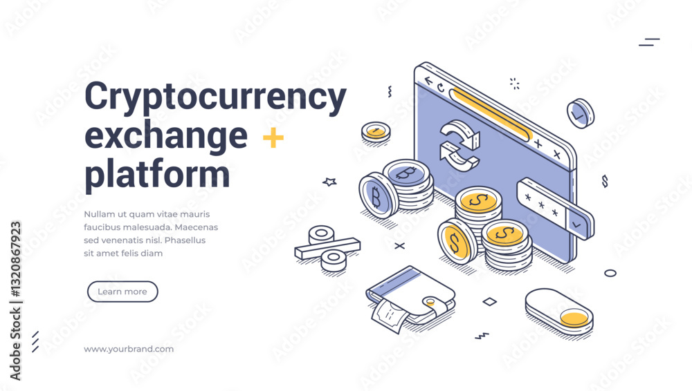 Wall mural web banner template showcases a cryptocurrency exchange platform with a clean isometric design. it f