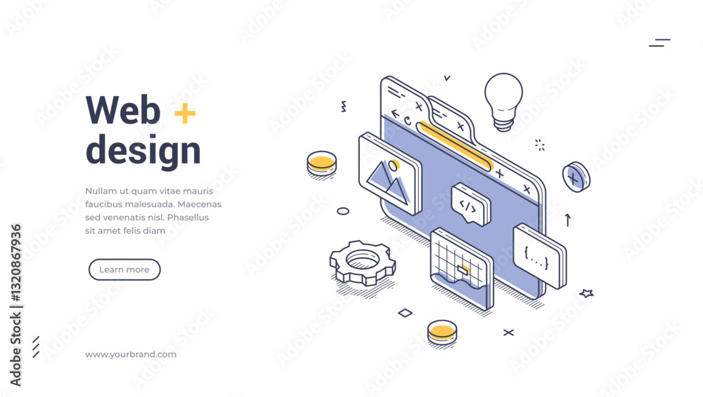 Poster web banner template showcases an isometric design focused on web development. key elements like codi