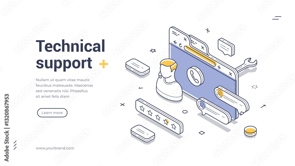 Fototapete web banner template showcases a technical support theme with isometric illustrations. it features a 