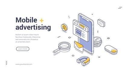 Creative mobile advertising web banner template that features isometric illustrations and line art. This design is ideal for promoting innovative campaigns on digital platforms. Vector illustration