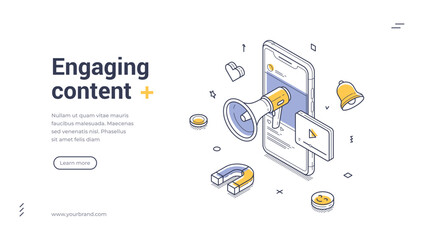 Web banner template features an isometric design focused on engaging content. A smartphone is highlighted, displaying a loudspeaker and various attention-grabbing icons. Vector illustration