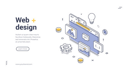 Web banner template showcases an isometric design focused on web development. Key elements like coding symbols, design tools, and light bulbs illustrate the creative process behind web design.