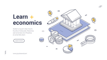 Web banner template features an isometric illustration focused on economics education featuring a bank building, financial symbols, and analytical tools. Ideal for promoting learning.