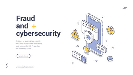 Web banner template focuses on fraud and cybersecurity, featuring an isometric design. Elements like smartphones and warning signs illustrate the importance of protecting against digital threats.
