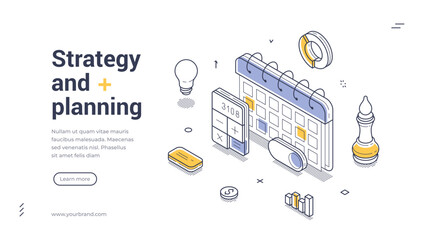Vector illustration features an isometric design showcasing elements of strategy and planning, including a calendar, light bulb, calculator, and chess piece, ideal for business-related topics.