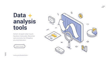 Web banner template featuring isometric illustrations that showcase various data analysis tools. Perfect for presenting your analytical resources effectively. Vector illustration