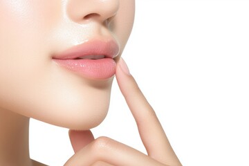Obraz premium An Asian woman with beautiful cosmetic makeup is shown in a portrait, her hand on her lips and mouth, smiling attractively, and representing perfect beauty and wellness on a white background that