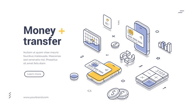 Web banner template showcases an isometric design focused on money transfer services. It features credit cards, a smartphone, and financial charts, emphasizing digital payments and transactions.