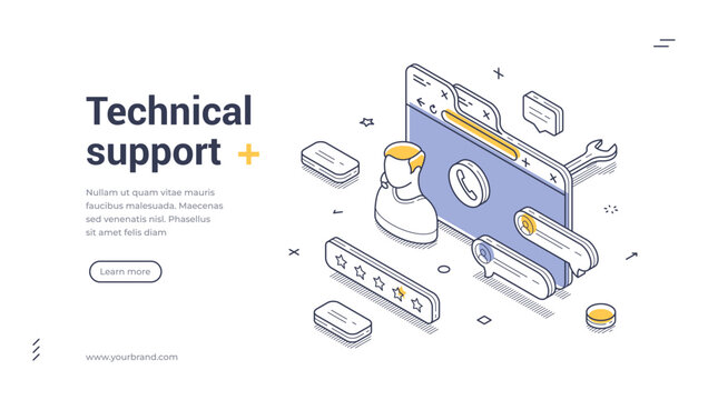 Web banner template showcases a technical support theme with isometric illustrations. It features a computer display, tools, and design elements to convey assistance in a digital environment.