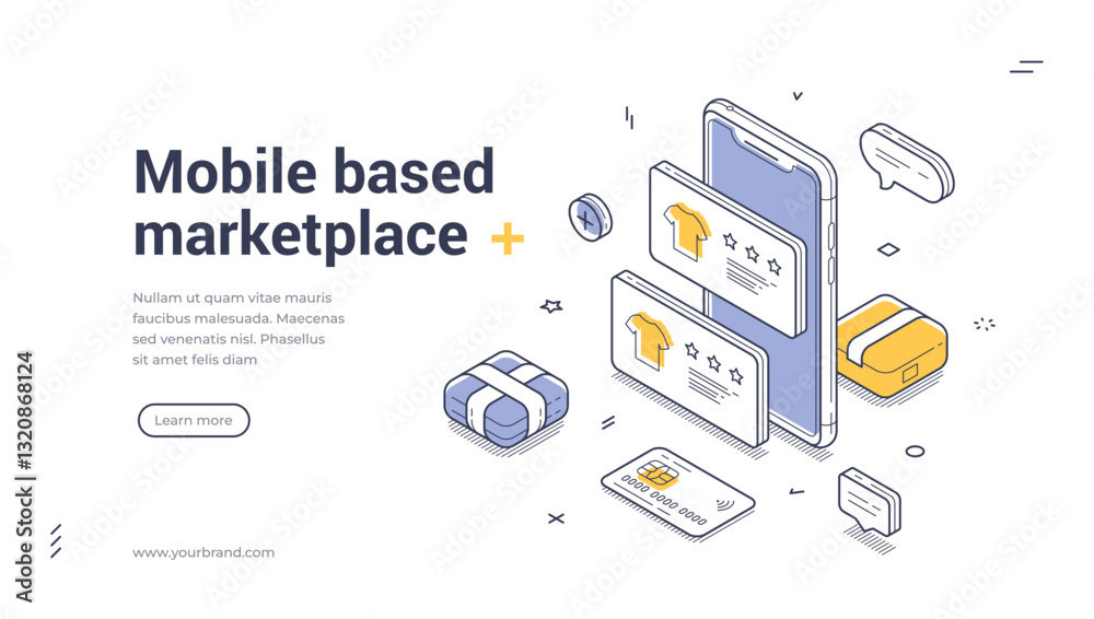 Wall mural web banner showcases a mobile based marketplace featuring isometric design elements. it highlights p