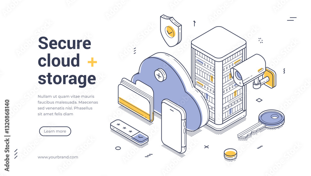 Poster web banner template illustrates secure cloud storage concepts using isometric design. it features a 