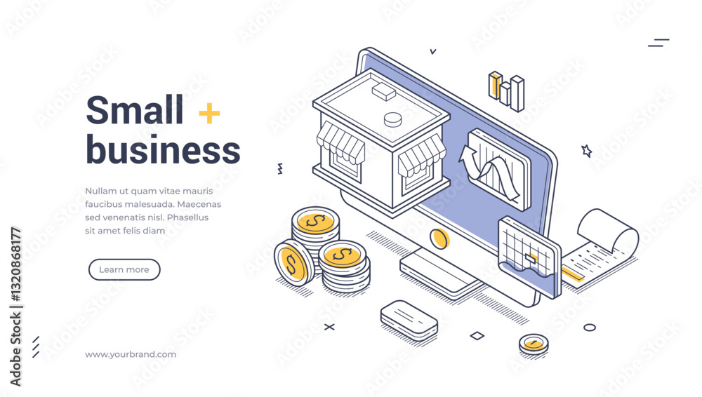 Wall mural web banner template features isometric design elements to showcase small business solutions.